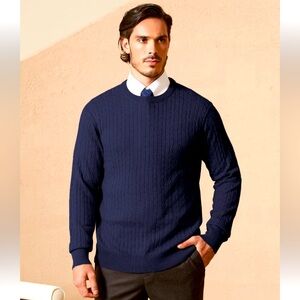 Mens Dark Academia Navy Sweater XL Cashmere Wool Crewneck Cable Knit Old Money
